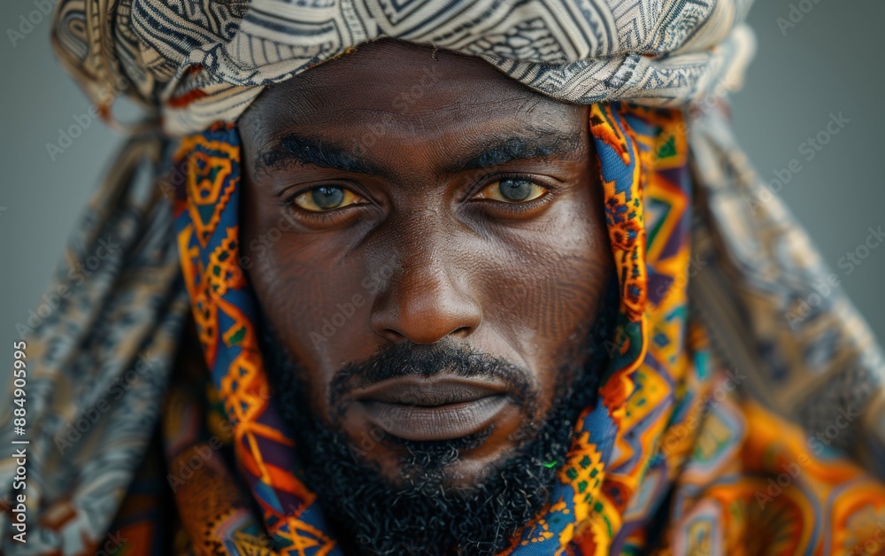 A man with a beard and a turban is wearing a colorful scarf. The scarf has a pattern of squares and circles A man with a beard and a turban is wearing a colorful scarf. The scarf has a pattern of squares and circles