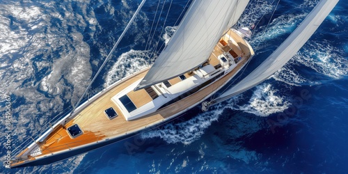 An aerial photo of a sailing yacht in the open sea, with the boat set against the clear blue ocean. Concept for ocean travel and adventure.