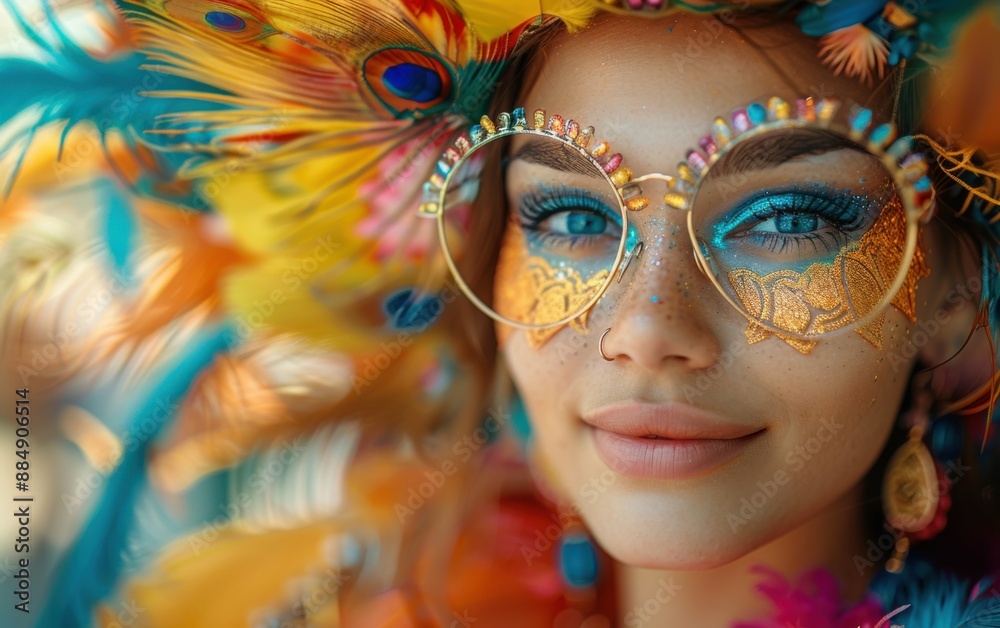 A woman with colorful makeup and a peacock feather headdress. She is smiling and looking at the camera A woman with colorful makeup and a peacock feather headdress. She is smiling and looking at the camera