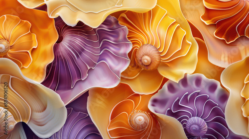 Fototapeta Naklejka Na Ścianę i Meble -  An elaborate display of overlapping seashells in shades of orange, yellow, and purple, creating a mesmerizing pattern
