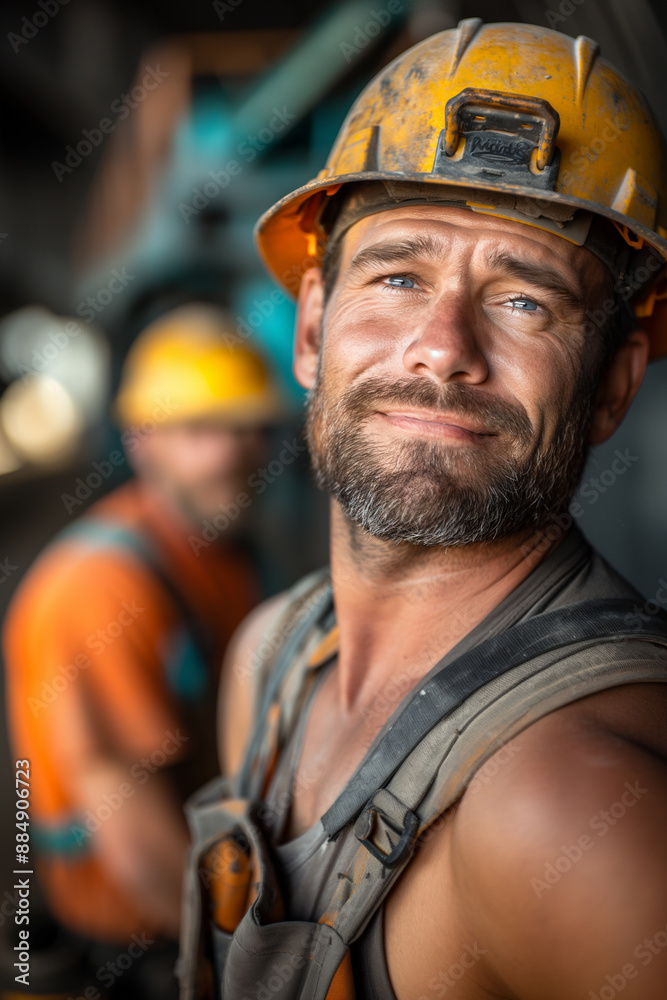 Confident Construction Worker Portrait with Colleague in Background Confident Construction Worker Portrait with Colleague in Background