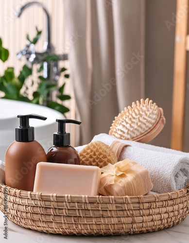 Set of different bath accessories and soap on tub in bathroom photo