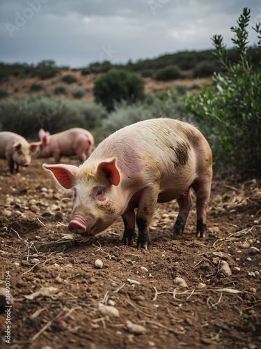 Free-range pigs feeding in natural Spanish habitat