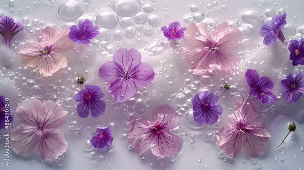 Delicate pink and purple flowers floating amidst water bubbles, creating an enchanting and serene scene perfect for various artistic designs. Delicate pink and purple flowers floating amidst water bubbles, creating an enchanting and serene scene perfect for various artistic designs.