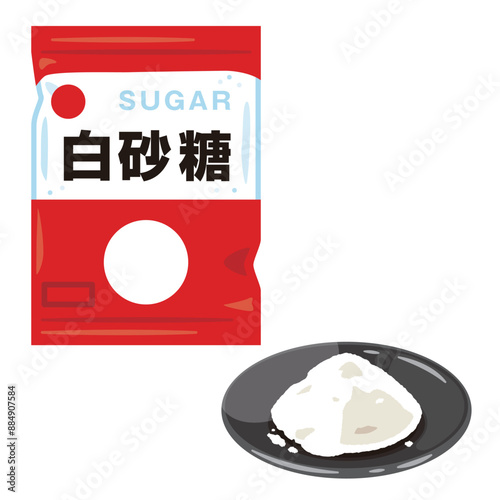 皿に盛られた白砂糖と袋入りの白砂糖