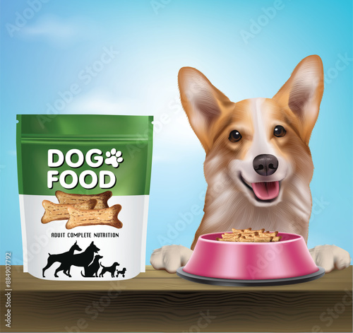 Design a dog food bag Complete with a pink bowl for dog food.