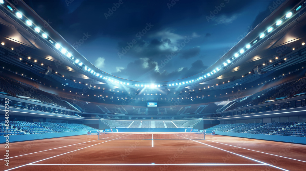 Fototapeta premium Modern and well-lit sports stadium with a clay tennis court all set for a match. It's a 3D illustration that can be used for ads in a landscape format.