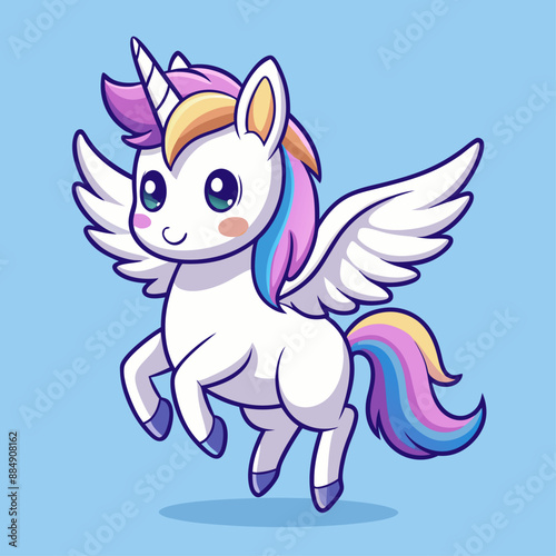 A cute unicorn with wings is joyfully flying in the azure sky
