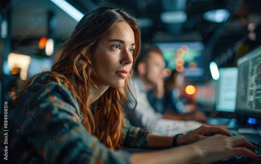 A woman is sitting in front of a computer with her head tilted to the side. She is looking at the screen with a serious expression on her face. The room is dimly lit A woman is sitting in front of a computer with her head tilted to the side. She is looking at the screen with a serious expression on her face. The room is dimly lit