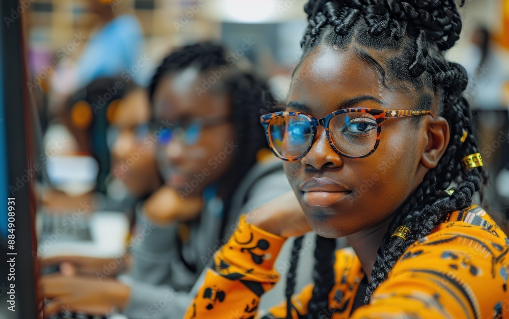 A young woman with glasses and dreadlocks is sitting in front of a computer. She is wearing an orange shirt with a skull design A young woman with glasses and dreadlocks is sitting in front of a computer. She is wearing an orange shirt with a skull design
