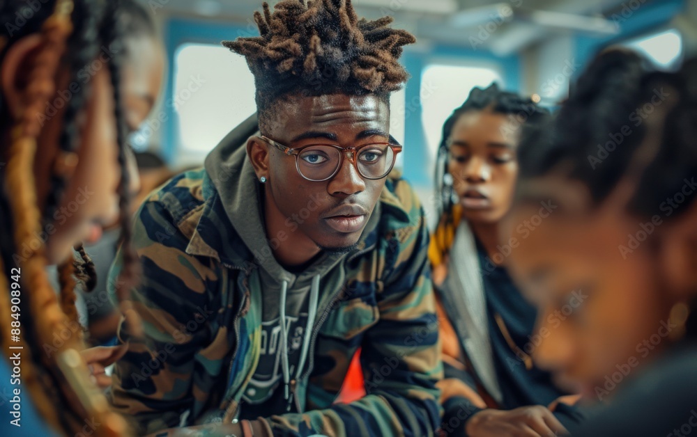 Obraz premium A group of people are sitting together, one of them wearing glasses and a camo jacket. The man with glasses is looking at the camera