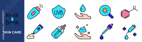 Skincare set icon. AHA, BHA, UV protection, hydration, serum, cream, sunscreen, dropper, hand, pH balance, skin treatment, dermatology, healthy skin.
