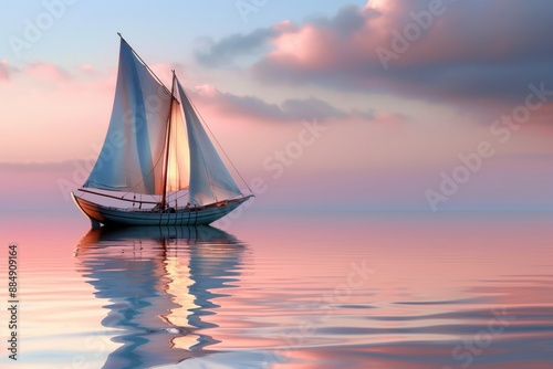 A traditional wooden dhow sailing boat on calm waters at sunset, with pastel pink and blue sky reflecting in the water, with copy space for text or design. Travel concept.