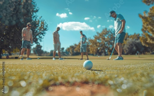 A group of men playing golf on a course. One of the men is about to hit a ball with his club