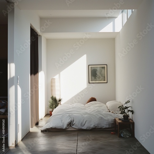 Minimalist small bedroom in a tiny architectural home in Tokyo, featuring natural light and simple decor. © Raad