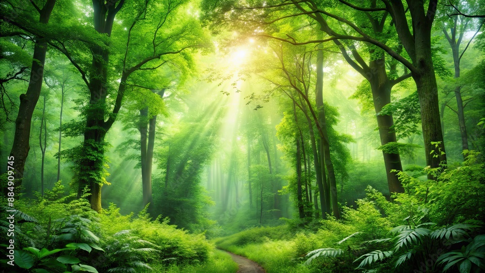 Fototapeta premium Lush green forest with vibrant foliage, a symphony of natural sounds in the summer , summer forest