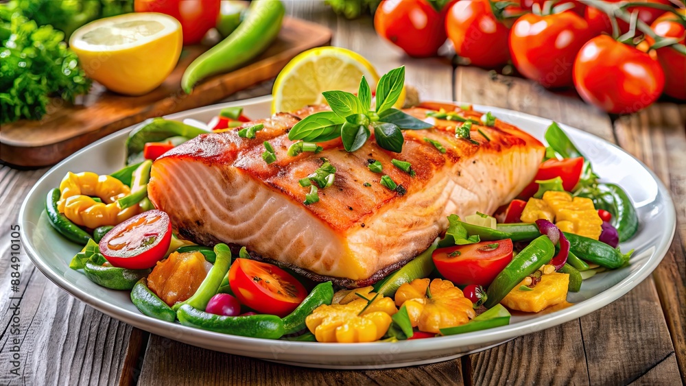 Salmon fillet served with a colorful array of fresh vegetables and a side salad topped with grilled shrimps , salmon, vegetables Salmon fillet served with a colorful array of fresh vegetables and a side salad topped with grilled shrimps , salmon, vegetables