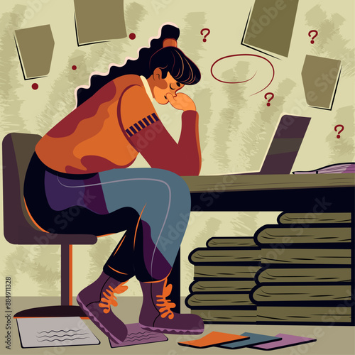 Vector of a tired girl character sitting at her work desk with loads of work files around her