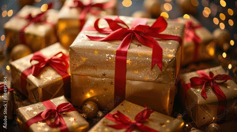 Golden gift boxes with red ribbons and festive lights Golden gift boxes with red ribbons and festive lights