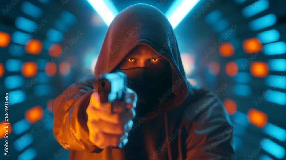 Hooded figure holding gun in a neon lit room. Hooded figure holding gun in a neon lit room.