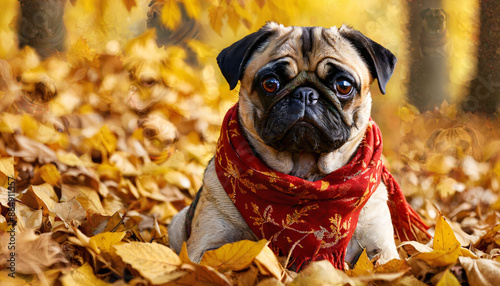 Bouledogue en automne avec des feuilles jaunes