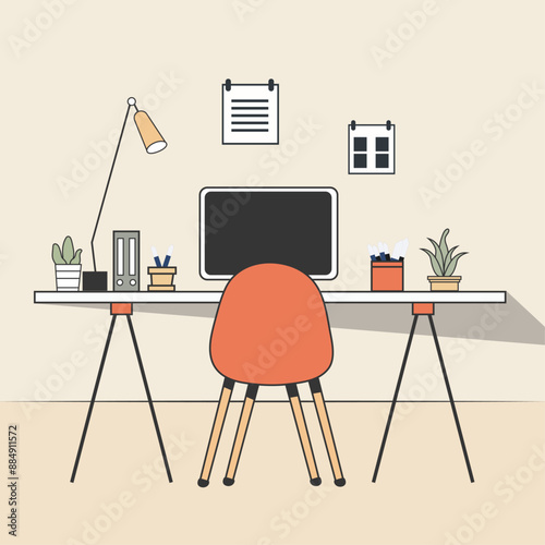 Vector illustration of a workspace setup with table and chair 