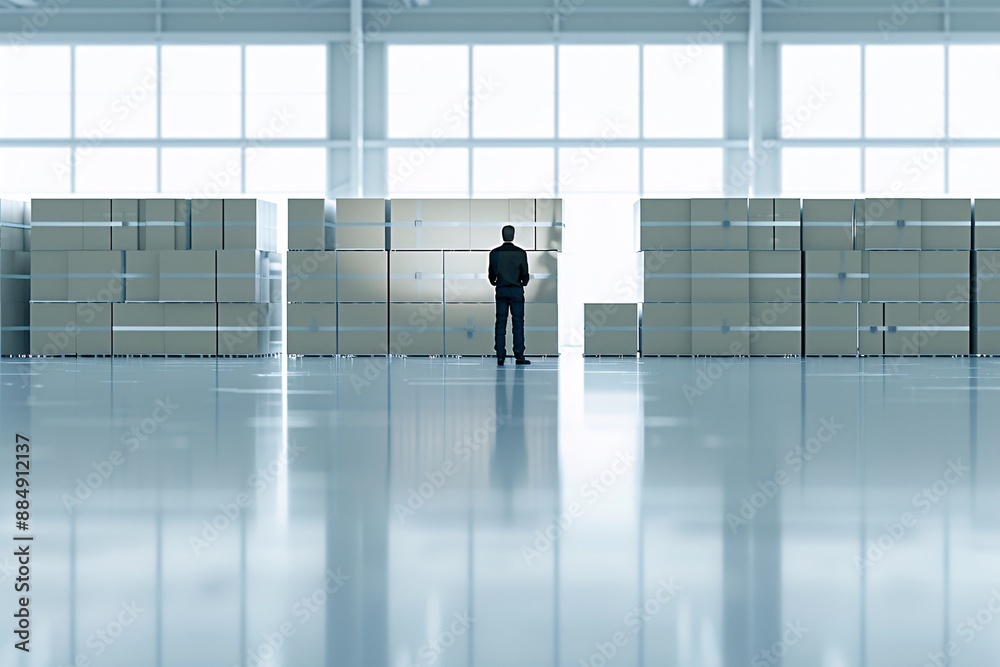 In a spacious warehouse filled with cargo, the silhouette of a manager reflects efficient logistics management. The clean lines and organized environment provide ample copy space for various purposes. In a spacious warehouse filled with cargo, the silhouette of a manager reflects efficient logistics management. The clean lines and organized environment provide ample copy space for various purposes.