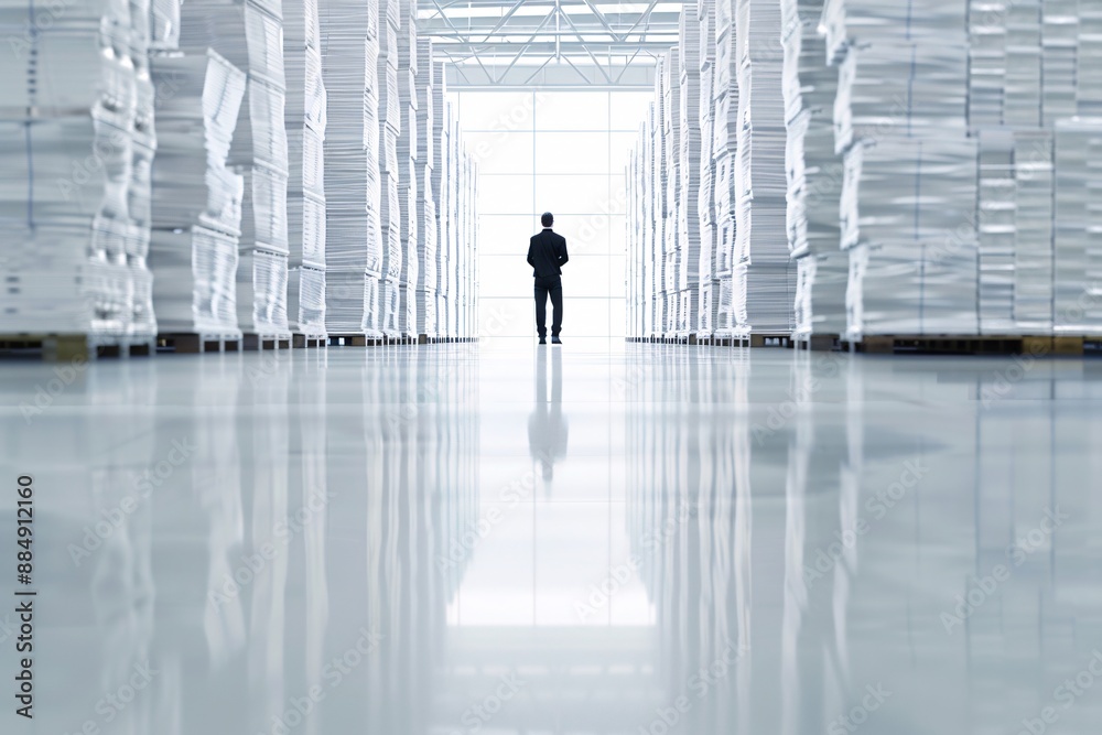 In a spacious warehouse filled with cargo, the silhouette of a manager reflects efficient logistics management. The clean lines and organized environment provide ample copy space for various purposes. In a spacious warehouse filled with cargo, the silhouette of a manager reflects efficient logistics management. The clean lines and organized environment provide ample copy space for various purposes.