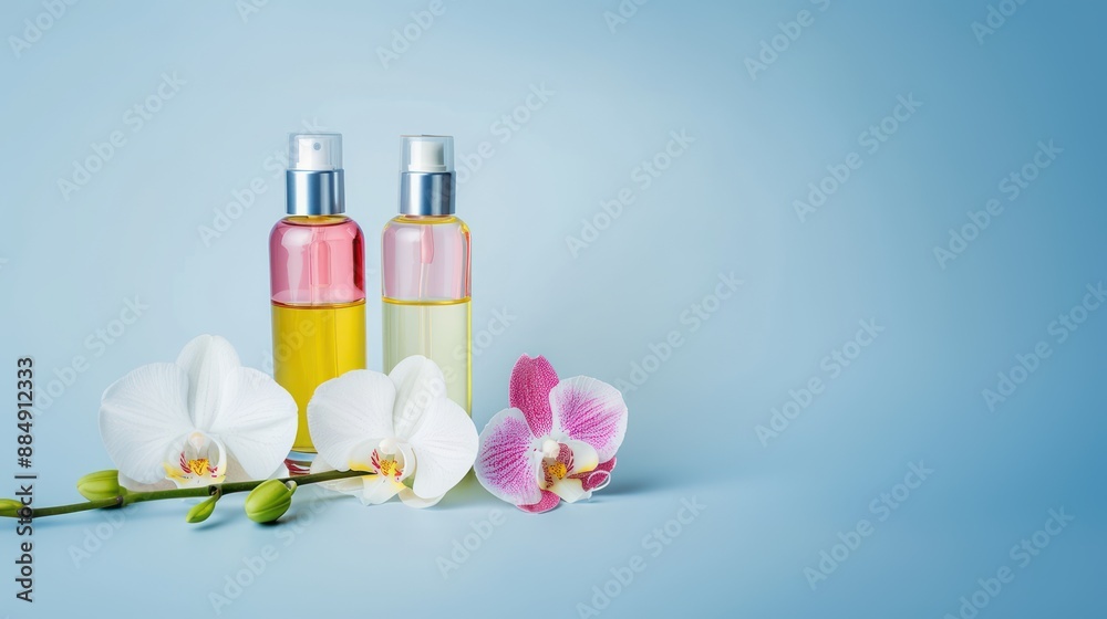 Two bottles of body oil next to white and pink flowers on light blue background Beauty treatment concept Two bottles of body oil next to white and pink flowers on light blue background Beauty treatment concept