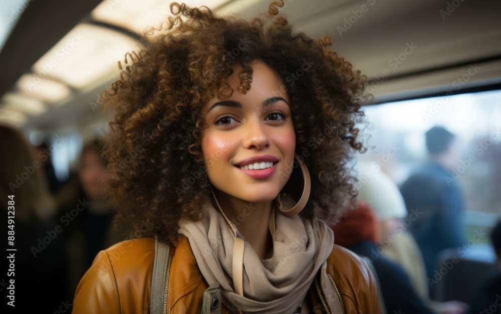 A woman with curly hair is smiling and wearing a scarf and a brown jacket. She is surrounded by other people on a train A woman with curly hair is smiling and wearing a scarf and a brown jacket. She is surrounded by other people on a train