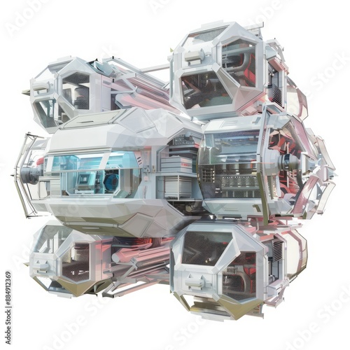 3D Render, Low Poly style of futuristic habitat module connected by transparent tubes, on isolated white background, Generative AI