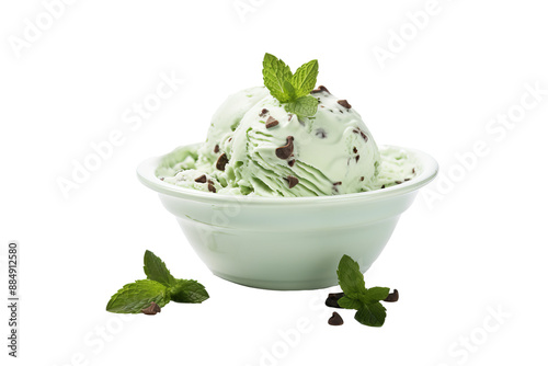 Mint chocolate chip ice cream PNG image with transparent background featuring fresh mint leaves and chocolate chunks ideal for dessert and food design projects photo