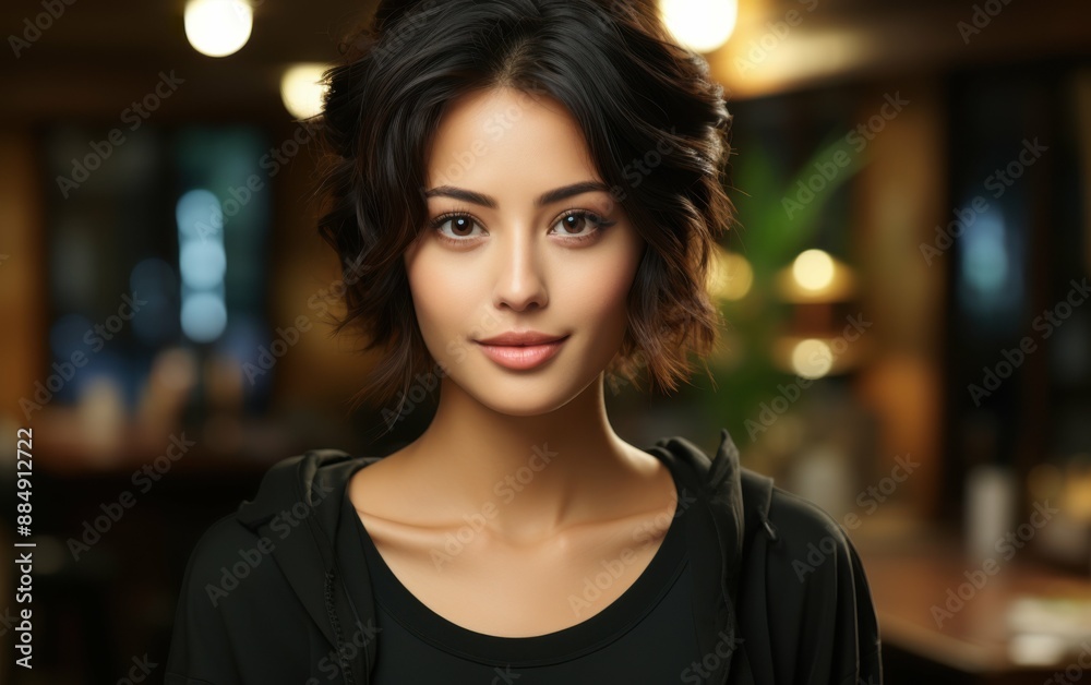 A woman with dark hair and a black shirt is smiling at the camera. The image has a warm and friendly mood A woman with dark hair and a black shirt is smiling at the camera. The image has a warm and friendly mood