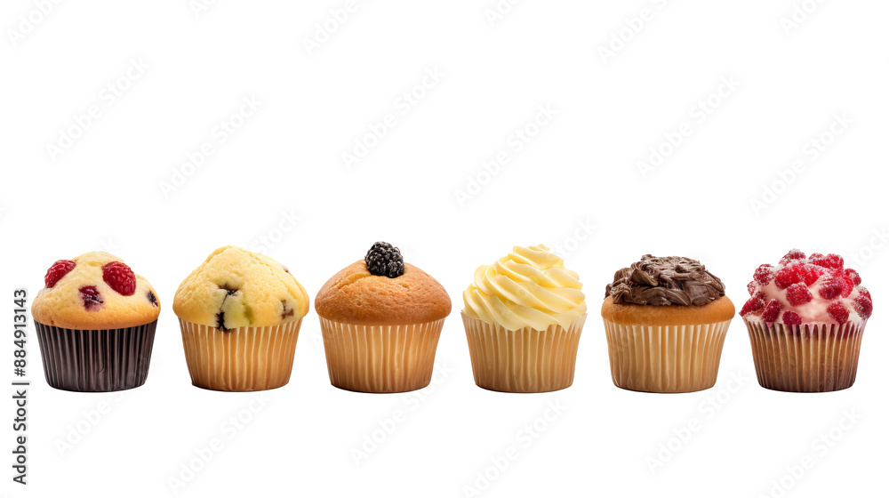 Plain muffin muffins with chocolate chips on transparent background, PNG file. Various design angles showcasing delicious baked goods, ideal mockup template for artwork or digital designs.