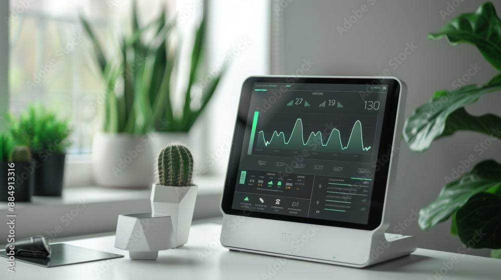 A White Desktop Computer With a Line Graph on Screen and Plants A White Desktop Computer With a Line Graph on Screen and Plants