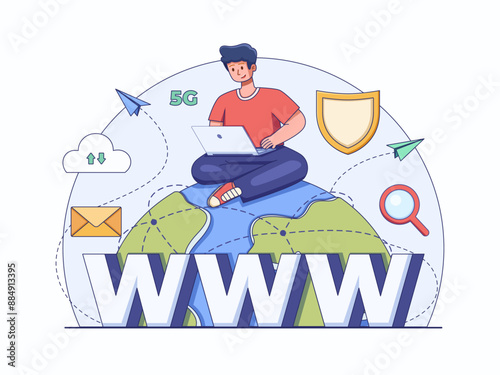 
Illustration of the internet connecting the entire world, featuring a person sitting cross-legged on planet Earth with a laptop, symbolizing global connectivity through the internet.