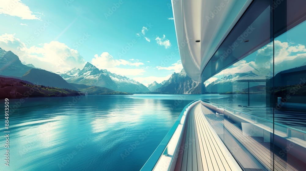 Fototapeta premium Futuristic Luxury Yacht with Augmented Reality Windows Displaying Serene Landscapes, Illustration of Elegant and Tranquil Experience