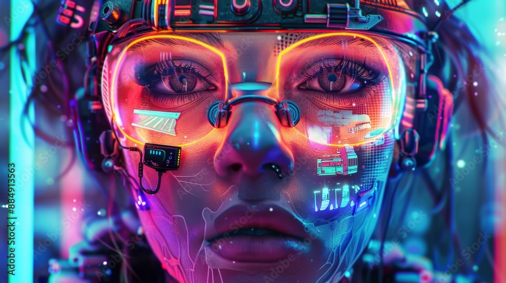Hyperrealistic Cyberpunk Portrait with Holographic Tattoos and Futuristic Accessories in Digital Vibrant Detail Hyperrealistic Cyberpunk Portrait with Holographic Tattoos and Futuristic Accessories in Digital Vibrant Detail