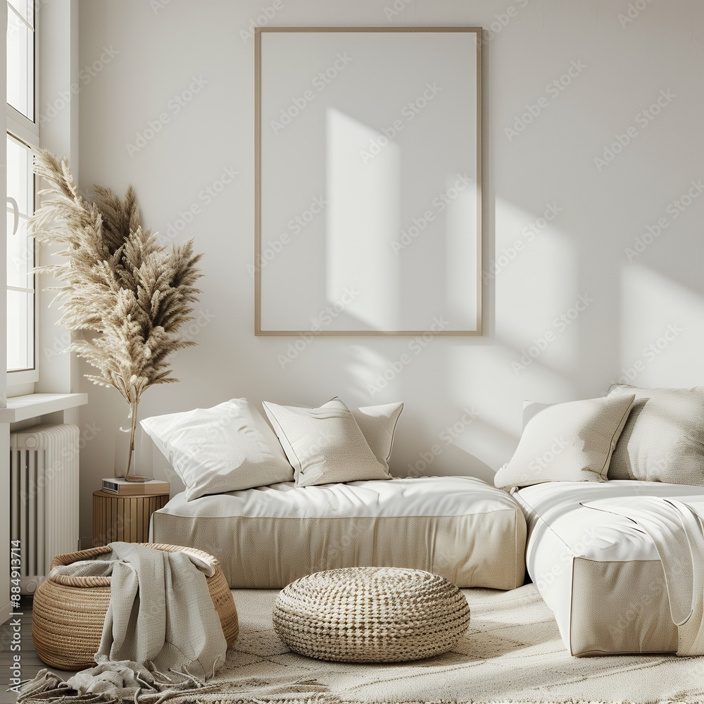 Photo of modern interior design, living room with white wall mock up poster frame in beige and brown tones, cozy home decor, simple elegant furniture Photo of modern interior design, living room with white wall mock up poster frame in beige and brown tones, cozy home decor, simple elegant furniture