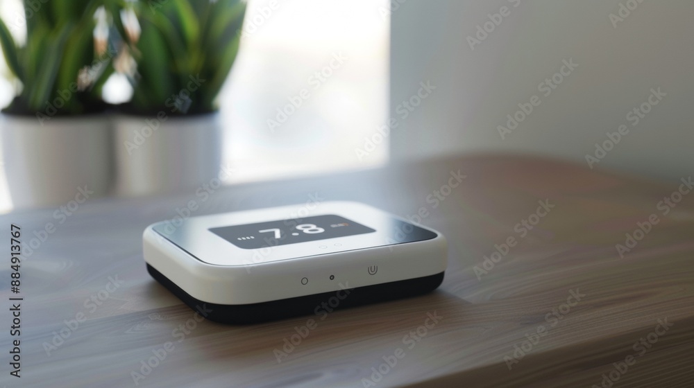 White Smart Home Device Displaying 7.8 on Wooden Table White Smart Home Device Displaying 7.8 on Wooden Table
