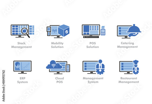business management system icon. symbols, restaurant management system. vector icon and symbols. web design. point of sales. pos. blue and black icons 
