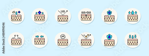 Skincare set icon. AHA, BHA, UVB, exfoliation, pH balance, hydration, skin treatment, barrier, anti-aging, protection, serum, cream, dermatology, healthy skin.
