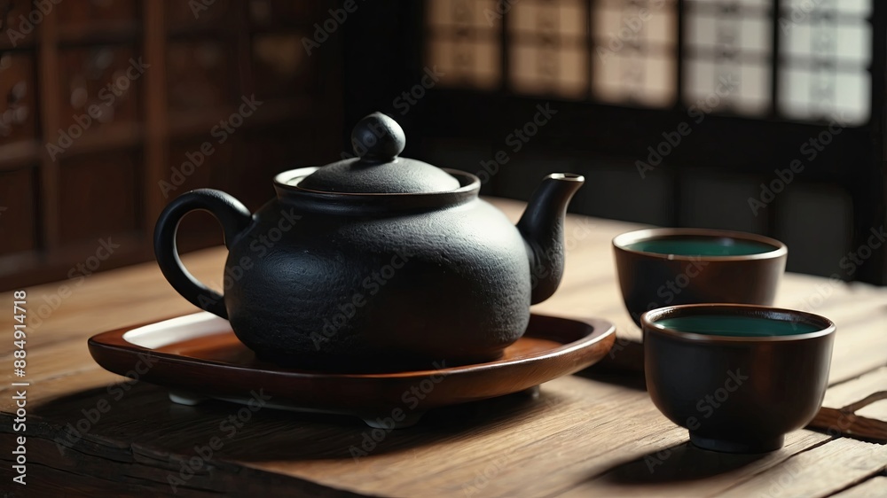 Tea ceremony traditional teapot and ceramic cups on wooden table.