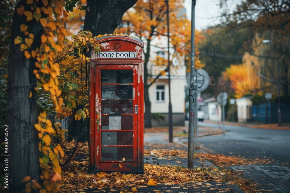 Obraz premium Classic red phone booth on a rainy street, symbolizing nostalgia and communication