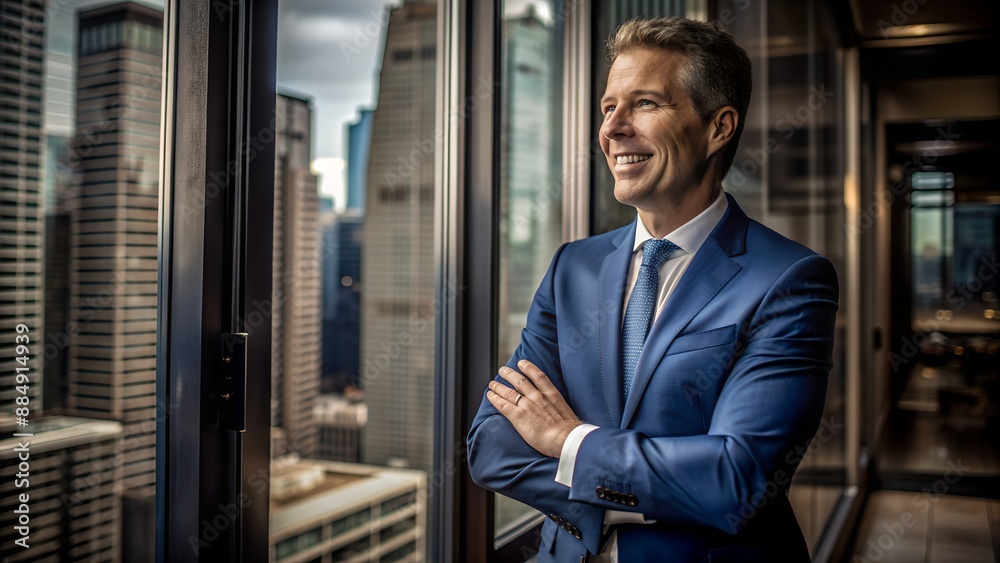 Naklejka premium Calm and Confident Caucasian Businessman in Modern Office with City View. Perfect for: Corporate events, business meetings, office environments
