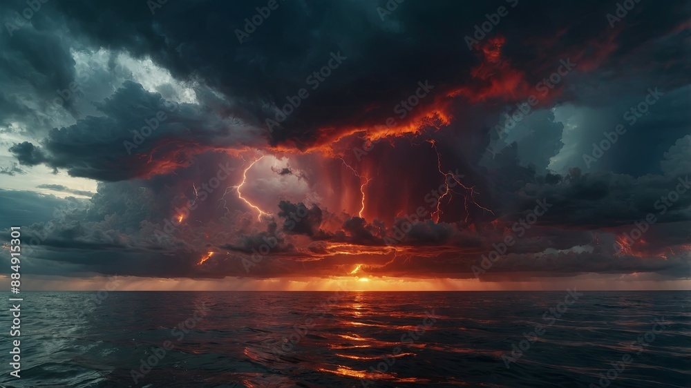 Seascape Dramatic flaming red stormy cloudy sky reflecting on the troubled water surface Panoramic wide angle view Fantasy stormy sea Cinematic stormy ocean with rays of light in the center. Seascape Dramatic flaming red stormy cloudy sky reflecting on the troubled water surface Panoramic wide angle view Fantasy stormy sea Cinematic stormy ocean with rays of light in the center.