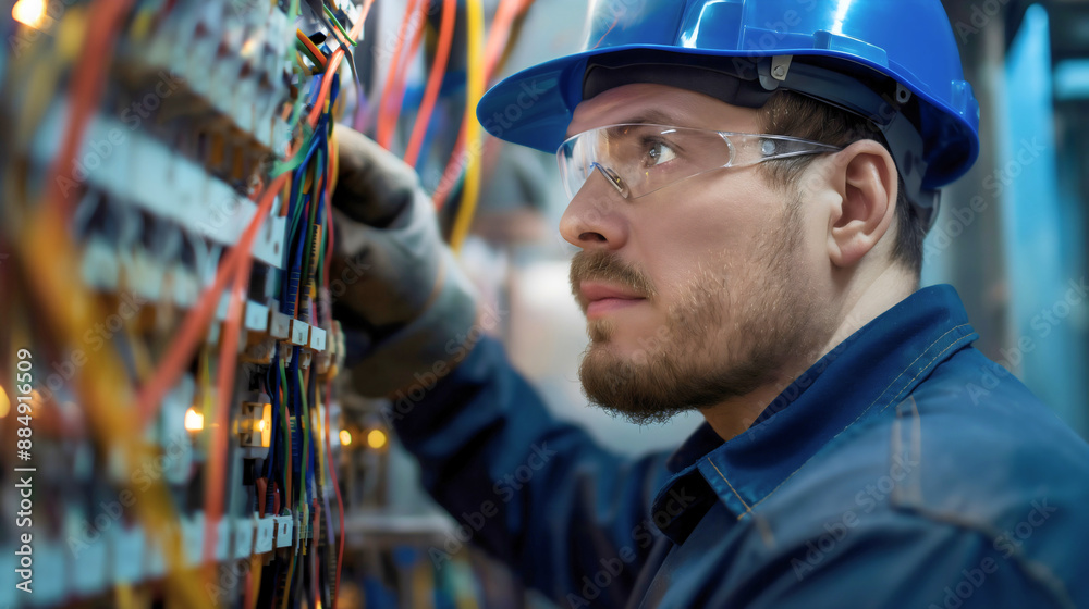 A side profile of an adult man, a professional electrical engineer, electrician or employed worker, or technician in the industry, dressed in work attire, standing in front of a cabinet with cables A side profile of an adult man, a professional electrical engineer, electrician or employed worker, or technician in the industry, dressed in work attire, standing in front of a cabinet with cables