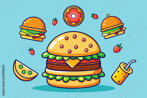 Burger Food With Melted Cheese Floating Cartoon Vector Icon Illustration