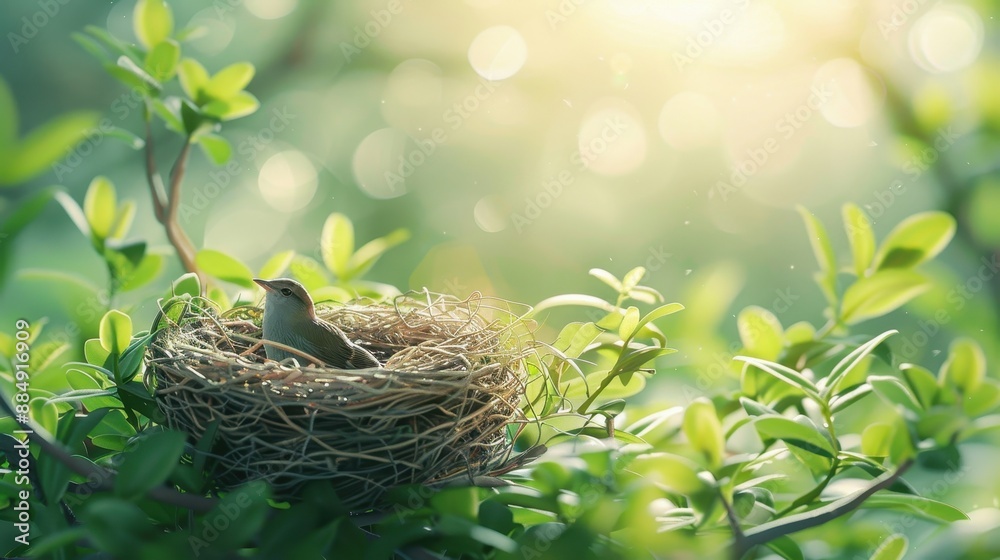 A serene, modern outdoor area with lush greenery, a large bird nest sculpture, and soft morning light, creating a peaceful ambiance.
A serene, modern outdoor area with lush greenery, a large bird nest sculpture, and soft morning light, creating a peaceful ambiance.