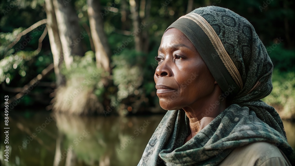 Elderly African-American Woman in Traditional Headscarf in a Serene Natural Setting. Perfect for: wisdom, serenity, natural beauty Elderly African-American Woman in Traditional Headscarf in a Serene Natural Setting. Perfect for: wisdom, serenity, natural beauty